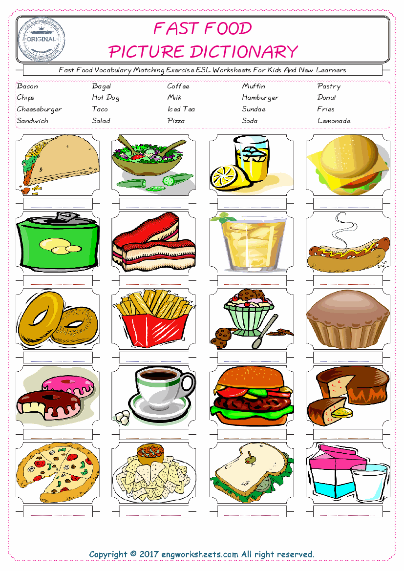  Fast Food for Kids ESL Word Matching English Exercise Worksheet. 